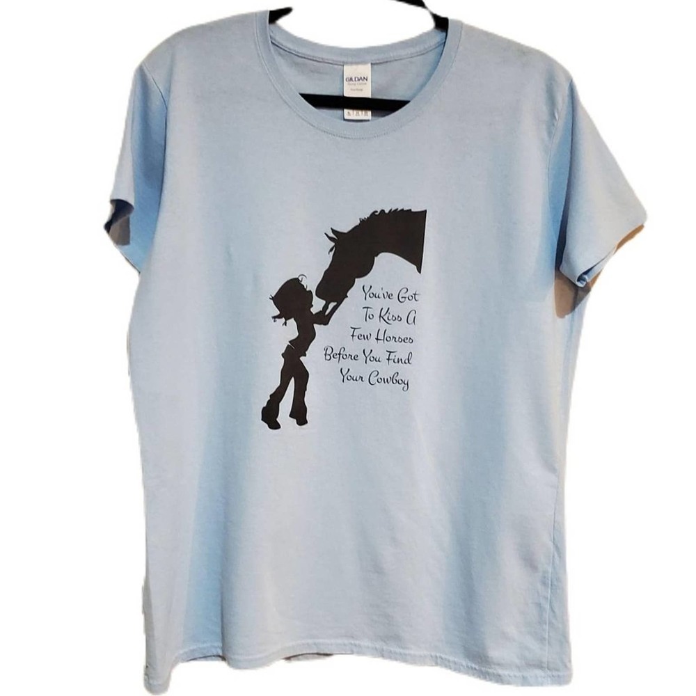 Gildan Equestrian Horse Cowboy Light Blue Graphic Tee Shirt Women's‎ Size XL